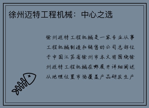 徐州迈特工程机械：中心之选